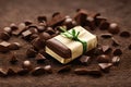 Chocolate bar with golden wrapped and green tape on top of chocolate chips and powder. Concept and promotion