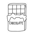 Chocolate bar half wrapped in foil, rectangular molded chocolate with lettering, hand drawn doodle vector