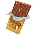 Chocolate bar with hazelnut. Milk chocolate. Sweetened block made from roasted and ground cacao seeds. Milk chocolate bar