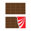 Chocolate bar icon set. Opened red wrapping paper foil. Milk dark dessert. Tasty sweet food. Rectangle shape Horizontal piece. Mod