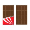 Chocolate bar icon set. Opened red wrapping paper foil. Milk dark dessert. Tasty sweet food. Rectangle shape Vertical piece. Moder