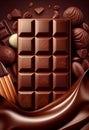 Chocolate bar and nuts in a wave of melted chocolate. AI generated Royalty Free Stock Photo