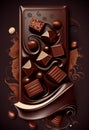 Chocolate bar and nuts in a wave of melted chocolate. AI generated Royalty Free Stock Photo