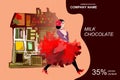 Chocolate bar package design with beautiful girl, dancing flamenco, against fantasy house and guitar silhouette Royalty Free Stock Photo