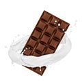 Chocolate bar rotates in splashes of milk on white background Royalty Free Stock Photo