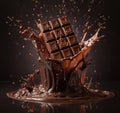 Chocolate bar splashing into liquid chocolate. Generative A.I