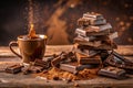 Chocolate Bar Stack with Coffee Cup and Cocoa Dust Explosion dark chocolate stacked Royalty Free Stock Photo