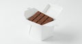 Chocolate Bar in Takeout Box A delicious milk chocolate bar rests inside a clean white takeout container symbolizing indulgence