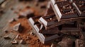 chocolate bars, milk chocolate slices, and choco chips with copy space, top view angle (flat lay), blurry background