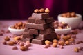 Chocolate bars with nuts. Sweets with pistachios, walnuts, peanuts. Promotional commercial photo