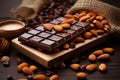 Chocolate bars with nuts. Sweets with pistachios, walnuts, peanuts. Promotional commercial photo