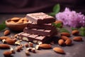 Chocolate bars with nuts. Sweets with pistachios, walnuts, peanuts. Promotional commercial photo