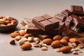 Chocolate bars with nuts. Sweets with pistachios, walnuts, peanuts. Promotional commercial photo