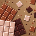 Chocolate bars. Realistic Chocolate Bar with Pieces. Milk, dark and white chocolate bars. Vector illustration Royalty Free Stock Photo