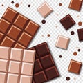 Chocolate bars. Realistic Chocolate Bar with Pieces. Milk, dark and white chocolate bars. Vector illustration Royalty Free Stock Photo