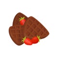 Chocolate Belgian Waffles And Red Ripe Strawberry. Tasty Dessert For Breakfast. Flat Vector Element For Menu Or Poster