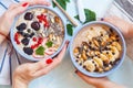 Chocolate and berry smoothies bowls.