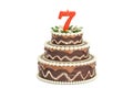 Chocolate Birthday cake with candle number 7, 3D rendering Royalty Free Stock Photo