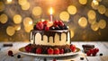 Chocolate birthday cake with fruits on blurred bokeh background, placed on a vintage wooden table. Generative AI Royalty Free Stock Photo