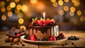 Chocolate birthday cake with fruits on blurred bokeh background, placed on a vintage wooden table. Generative AI Royalty Free Stock Photo