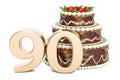 Chocolate Birthday cake with golden number 90, 3D rendering