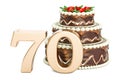 Chocolate Birthday cake with golden number 70, 3D rendering