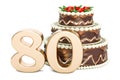 Chocolate Birthday cake with golden number 80, 3D rendering