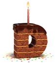 Chocolate birthday cake with lit candle and confetti 3d font letter D