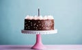 Chocolate birthday cake on stand with a single candle Royalty Free Stock Photo