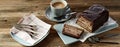 Chocolate biscuit cake served on wooden table