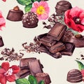 Chocolate block, chocolate candies, flowers - rose, orchid and others . Seamless food pattern. Watercolor