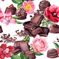 Chocolate block, chocolate candies and flowers rose, orchid. Seamless food pattern. Watercolor