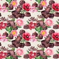 Chocolate block, chocolate candies and flowers rose, orchid . Seamless food pattern. Watercolor