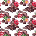 Chocolate block, chocolate candies, flowers. Seamless food pattern. Watercolor