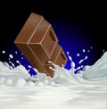Chocolate block falling into a sea of milk.