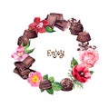 Chocolate - blocks, candies, flower. Food and flowers wreath with lettering text Enjoy . Watercolor