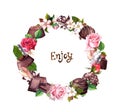 Chocolate - blocks, candies, flowers red, pink roses . Food and flowers wreath with hand written note Enjoy . Watercolor Royalty Free Stock Photo