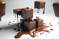 Chocolate blocks splashing into liquid burst, Generative AI