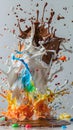 Chocolate bomb creates colorful sugar waves, explosion, impact, delicious dessert, splash, white background, Generative AI