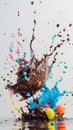 Chocolate bomb creates colorful sugar waves, explosion, impact, delicious dessert, splash, white background, Generative AI