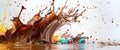 Chocolate bomb creates colorful sugar waves, explosion, impact, delicious dessert, splash, white background, Generative AI