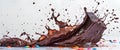 Chocolate bomb creates colorful sugar waves, explosion, impact, delicious dessert, splash, white background, Generative AI