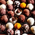 Chocolate box with brown filled cocoa powder truffles, pralines, dessert, food - AI generated art