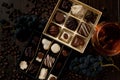 Chocolate box of pralines, gift sweet box, wine for a romantic l