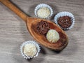 Chocolate brigadeiro in wooden spoon. Brigadeiro, traditional Brazilian sweet. Royalty Free Stock Photo