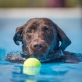 Chocolate brown labrador dog swimming towards a ball through clear blue water. Royalty Free Stock Photo