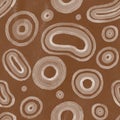 Chocolate brown playful watercolor seamless pattern with circles and rings. Raster hand painted background