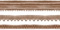 Chocolate brown tribal seamless borders with stripes and ornament. Watercolor raster ethnic design element