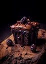 Chocolate brownie with blackberries on rustic wooden surface. Generative Ai Royalty Free Stock Photo