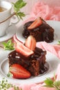 Chocolate brownie cake with fresh strawberries Royalty Free Stock Photo